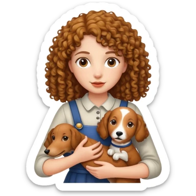 A curly-haired girl holding a hound sticker