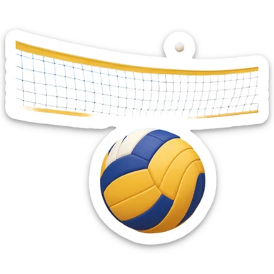 A volleyball resting on the yellow sand on a beach, with the net in the background and a scenic view of the ocean and sky. The scene captures the relaxed yet competitive vibe of beach volleyball, with warm sunlight and the natural beauty of the beach. sticker