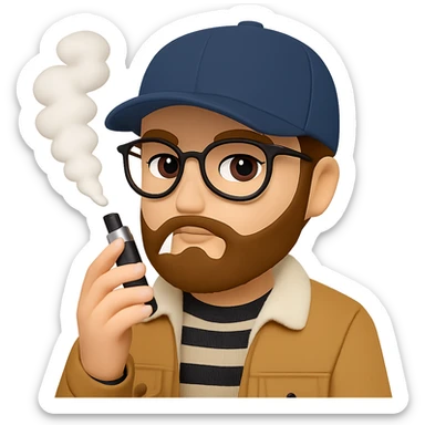 Make the guy vaping look more hipster by adding features like a beard, glasses, and trendy clothes. Keep the original style and remove the background. sticker