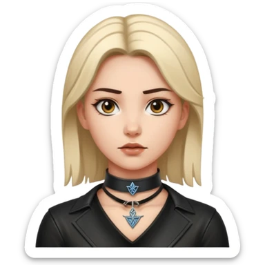 Leather choker with sigil around woman’s neck, pulse visible, dominance tone sticker