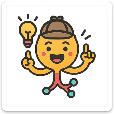 Remove the hair from the neuron and give it a detective hat. Make the neuron look excited as if it just found the answer. Use a colorful outlined icon style with a transparent background. sticker