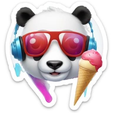 white panda, with red PANDA ears, with red, blue, pink headphones, with one button eye, and an ice cream splater on the headphones. sticker
