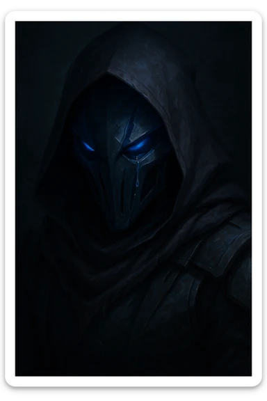 Sad Omen from Valorant, close-up, single tear, moody atmosphere, game-accurate design sticker