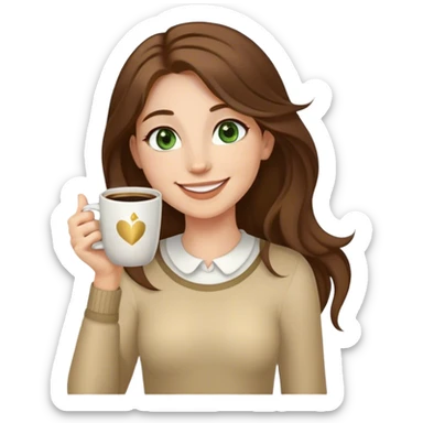 Long, Brown haired girl with middle hair part, green eyes, gold hoop nose ring, smiling, waving with one hand, coffee mug in the other sticker