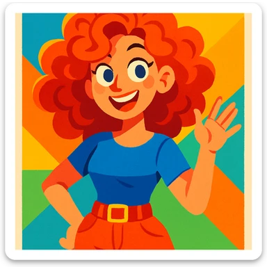 curly red-haired woman, vibrant cartoon style, bright and lively colors sticker