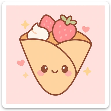 kawaii style french crêpes with a smiling face, folded with strawberries and whipped cream sticker
