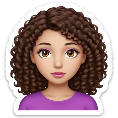 girl with curly long dark brown hair, brown eyes, light to medium complexion, long lashes, almond shaped eyes, light pink lipstick sticker