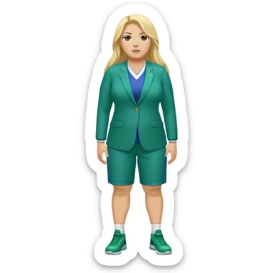 Full Body white plus size female basketball head coach with long blonde hair in a blue and green suit sticker