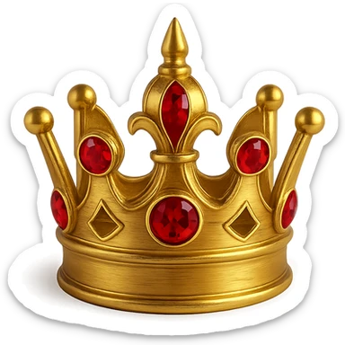 Add red jewels to the golden crown, keep the style detailed, shiny, elegant, with no background, maintain the golden crown's intricate and luxurious appearance with sparkling red jewels. sticker