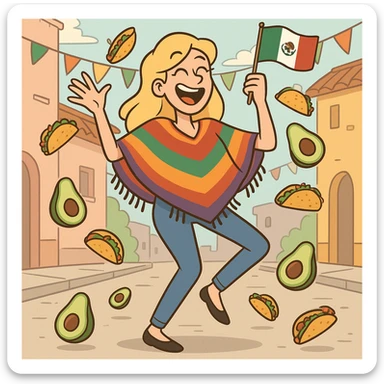 playful cartoon of a tall blonde woman, colorful poncho, smiling, holding taco and avocado, waving Mexico flag, dancing in the street, surrounded by tacos and avocados, street party scene sticker
