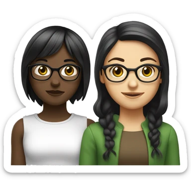 make two best friends. first one is a girl has shoulder lenght black hair and bangs, she is a girl and white. she has brown eyes. second friend has long gibger hair with no bangs. she wears glasses and is also white. she has green eyes sticker