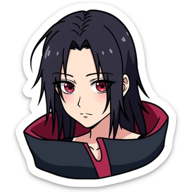 Itachi Uchiha with long black hair, Sharingan eyes, facial lines under his eyes, wearing Akatsuki cloak sticker
