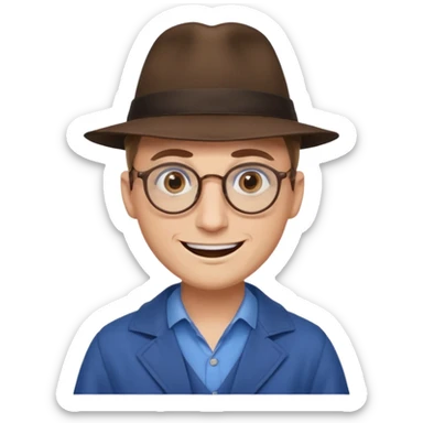 A man with sharp and thin face, brown round glasses, a brown hat and a brown costume with beige chemise  (no blue shirt) (shoulders only), the man has blue eyes and a large smile on his face and menacing eyes. sticker