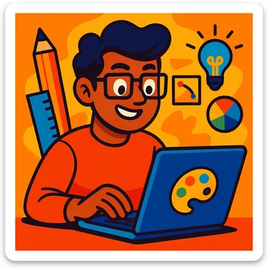 a designer with tan skin and square glasses using a laptop, vibrant cartoon style sticker