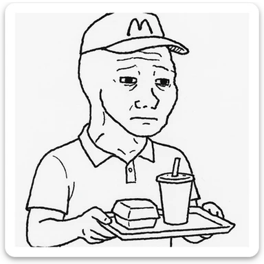 wojak meme style, McDonald's worker at the counter, holding a tray, simple background sticker