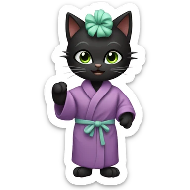 Black cat wearing bathrobe with green face mask and hair in curlers  sticker
