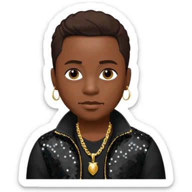 Woody from Dru Hill with dark brown hair, black sequin outfit, dark skin sticker