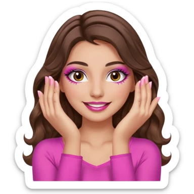 girl with long wavy brown hair, brown eyes, long lashes makeup, sexy pink lips, light to medium complexion, wearing a pink sexy top, smiling, hands covering over the eyes sticker