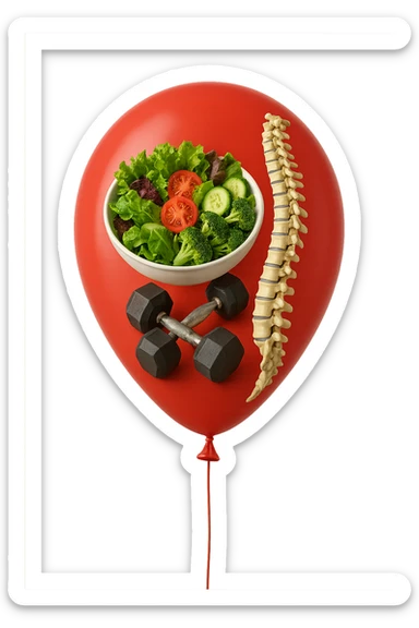 palloncino rosso con all'interno insalata, manubri da palestra e una spina dorsale anatomica realistica in 3d, isolato su sfondo bianco sticker