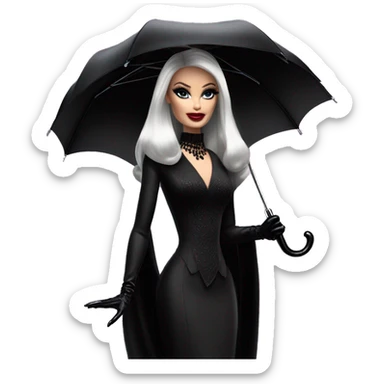 Stunning in the Spotlight Barbie, teen Morticia Addams,showing off, show full body,accessories  gloves funeral veil, umbrella  sticker