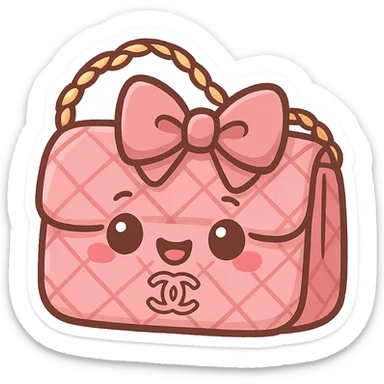 pink Chanel purse with a big bow and smiling face, cute and exaggerated chibi sticker style sticker