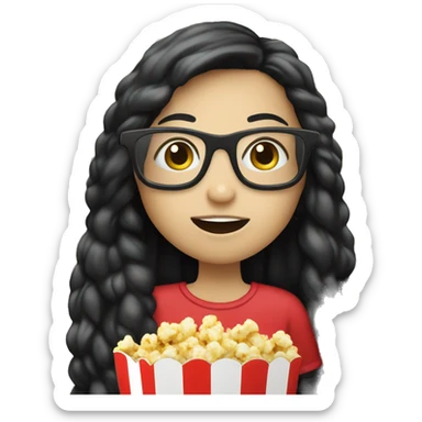 Pale girl with long black hair eating popcorn with 4D glasses sticker