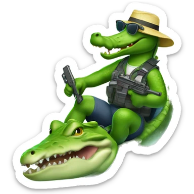 alligator in beach attire with gun surfing  sticker