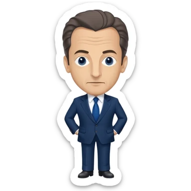 figure of Nicolas Sarkozy with an oversized head and small body, standing, wearing a navy suit and blue tie, highly recognizable face, simplified details sticker