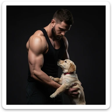 Photo of a musculated man holding puppy golden retriver, low key light sticker