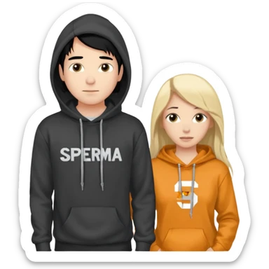 I want it to be this emote 🙍‍♂️
of a guy with black hair and a black sweatshirt with the word "sperma" written in white in the middle. Behind him, there's a pretty blonde with long hair, pulling the string on the first person's hoodie. The girl is wearing a gray sweatshirt. sticker