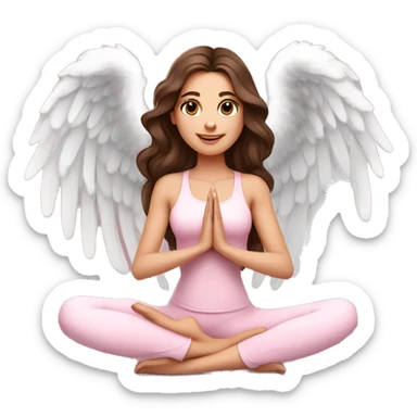 Brunette long curled hair and brown eyes yoga beautiful girl in light pink clothes sitting on a yoga mat with angel wings sticker