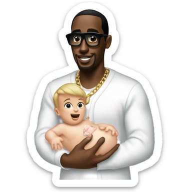 P diddy with baby oil and holding a baby sticker