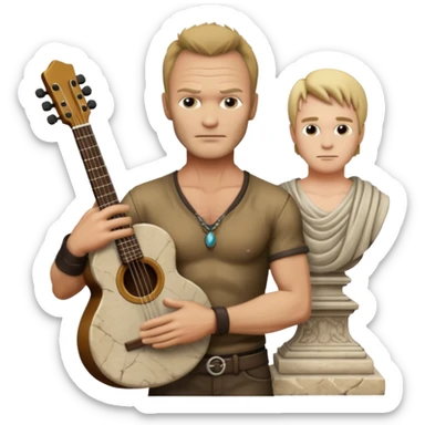 Cinematic realistic ultra HD - Musician Sting stands in front of an antique stone sculpture sticker