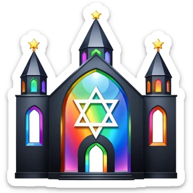 jewish synagogue temple in dark goth aesthetic style with black building and very light tint glass windows that are rainbow if looked at together. and star of david and celestial symbolism sticker