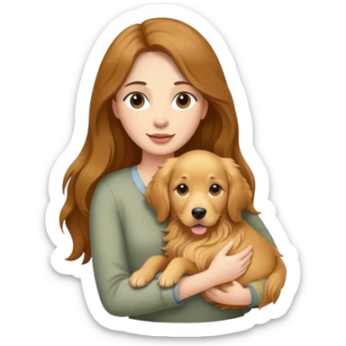 woman with long brown hair holding a golden retriever dog in her arms sticker