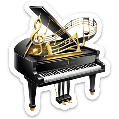 Create an elegant and festive emoji collage representing keyboard instruments, styled like a heraldic emblem. The design should feature a central focal point of black and white piano keys, arranged in a semi-circular or shield-like shape. Around the piano keys, add intertwining musical notes that form flowing ribbons, creating a dynamic and celebratory atmosphere. The design should be professional, with polished silver and gold accents on the keys and notes, highlighting the luxury and sophistication of the instruments. Add subtle shading and lighting effects to give the design a refined, 3D appearance. The background should remain transparent, and the overall feel should evoke grandeur, artistry, and a sense of celebration. sticker