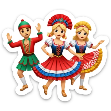 Cinematic Realistic Linđo Dance Emoji, depicted as a traditional Croatian folk dance with lively movements and colorful costumes, rendered with dynamic textures and vibrant festive lighting that captures its cultural vibrancy. sticker