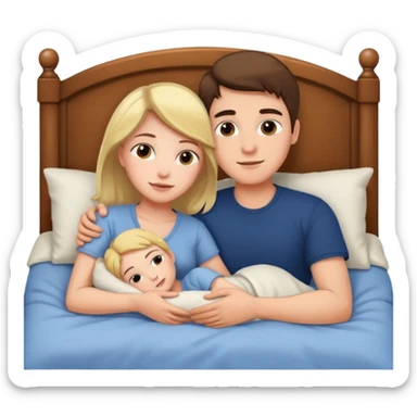 A woman and a young man are lying in bed and cuddling with each other. sticker
