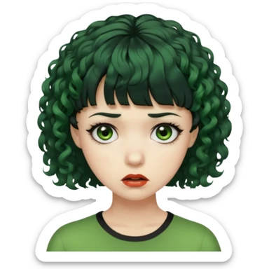 quero que você cria uma mulher, o rosto dela. nela, ela tem cabelo curto e ondulado, tem franja e ela tem semblante triste, deixe ela com pele verde e com cabelo cacheado( ela tem que ter semblante assustador e muito triste, ela pode ter olhos totalmente preto ou vermelho) sticker