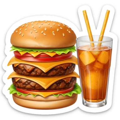 BBQ BACON BURGER, LARGE ORDER OF FRIES, ORANGE SODA WITH NO ICE, AND PIECE OF HOT APPLE PIE. sticker