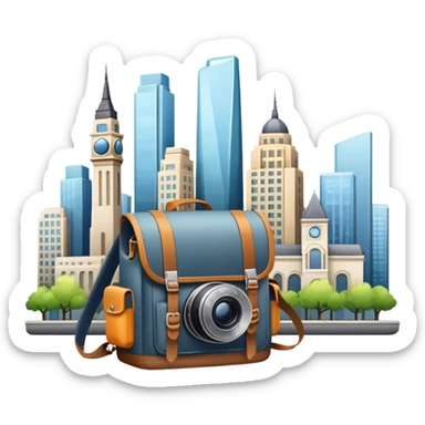 Icon for Urban Tourism: city skyline with iconic buildings, a camera and a backpack. The icon should represent the exploration of urban destinations, with elements like streets, landmarks, and vibrant city life. Transparent background. sticker