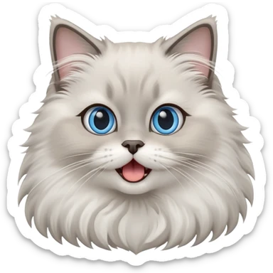 cinematic-adorable-big-eyed-fluffy-grey ragdoll-cat-portrait-emoji,-head-tilted-playfully-with-a-cute,-yawn,-white and grey fur,-simplified-yet-irresistibly-cute-features, blue eyes sticker
