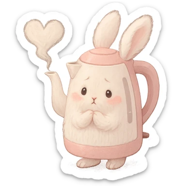 shy soft fluffy bunny electric kettle, steam heart, pastel white and pink, full-body sticker