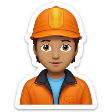 Kindly Keyin (male) with dark brown hair, orange cap and shirt, black jacket sticker