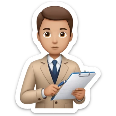 a person holding a checklist and pen, wearing smart casual clothing. The character is in a focused pose sticker