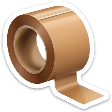 wide roll of brown packing tape with glossy semi-transparent surface and thick cardboard core, one end slightly peeled back, angled for depth, no box or dispenser, apple emoji style, soft lighting, subtle shadows, emoji scale sticker