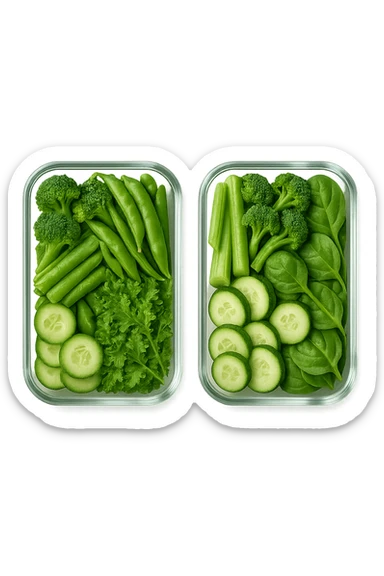 verdure tagliate e sistemate in due schiscette di vetro viste dall'alto, iperrealistico 4k sticker