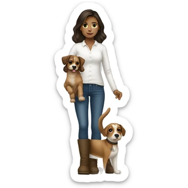 A BRUNNETTE GIRL WITH NO BANGS WEARING UGGS FLARED PANTS AND LONGSLEEVE WHITE SHIRT HOLDING HER DOG sticker