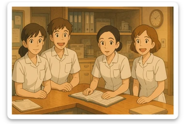 Four nursing students inspired by provided photos, in a care station, Ghibli style, white short-sleeve uniforms with V-neck collar and left chest pocket, no stethoscopes or clothing under sleeves, warm ambiance. sticker
