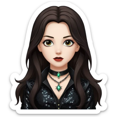 Van Helsing with long dark brown hair, black sequin outfit sticker